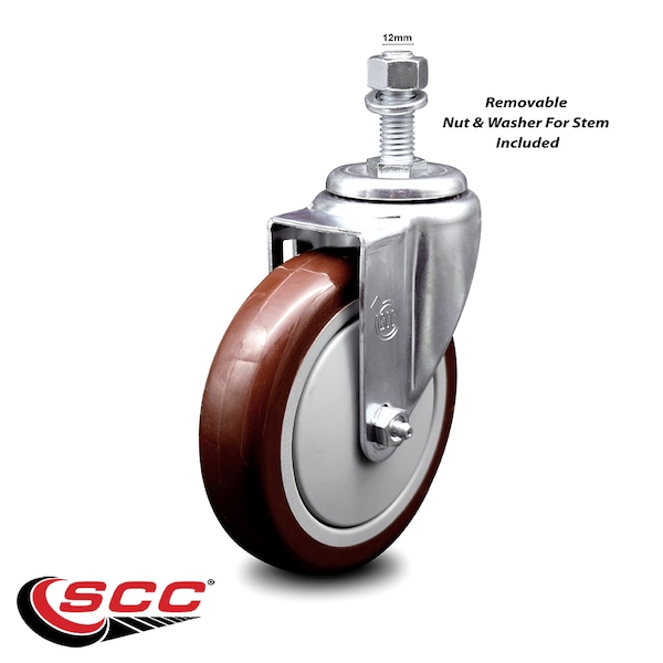 Service Caster 5 Inch Maroon Polyurethane Wheel Swivel 12mm Threaded Stem Caster SCC SCC-TS20S514-PPUB-MRN-M1215 - main